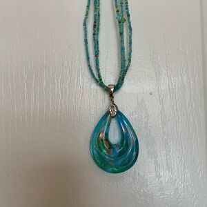 Blue Green Glass Pendant with Blue Green Beads
